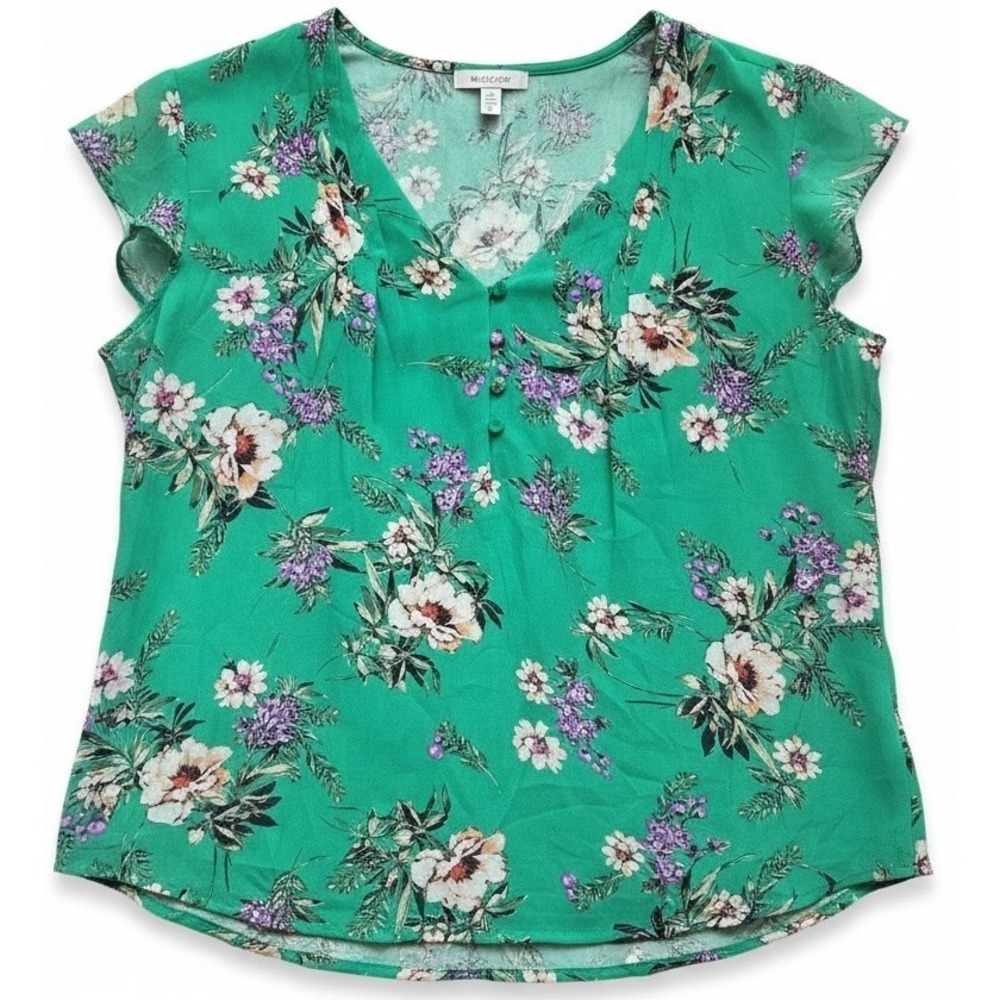 Daniel Rainn Womens Large Floral Top Green V-Neck Short Sleeve Blouse Casual